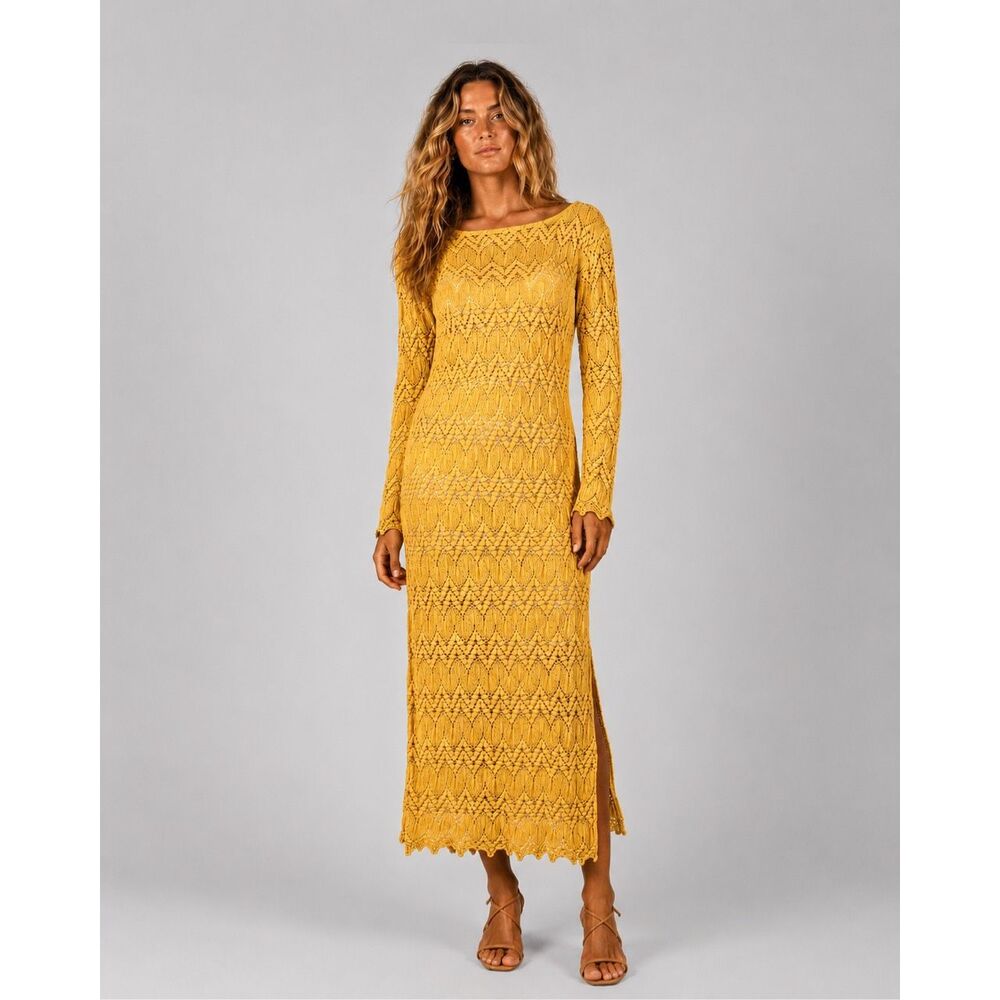 ZARA Yellow Open Knit Crochet Midi Dress S Boho Beach (107)